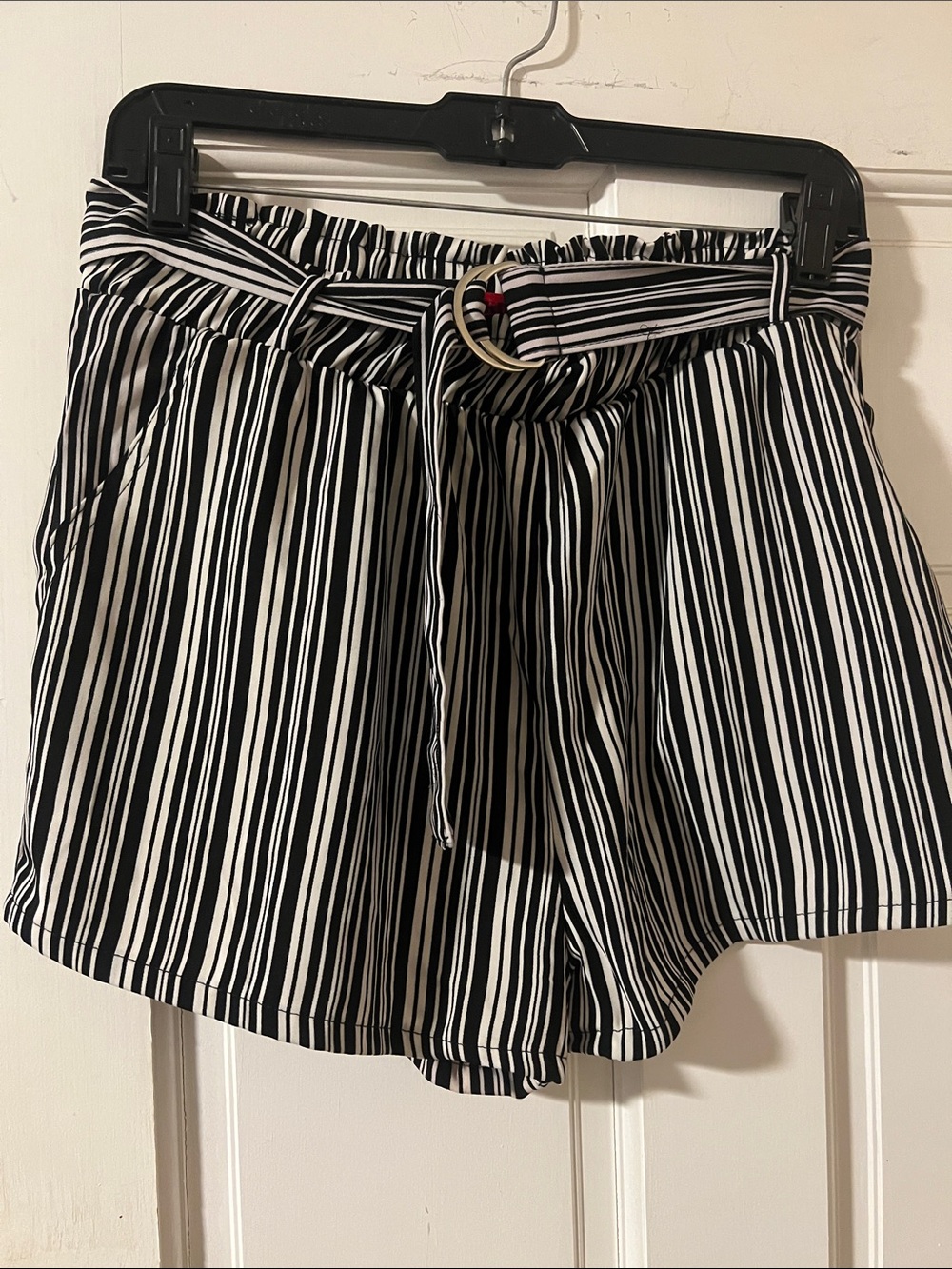 Hot Kiss Black & White Striped High-Waist Paperbag Shorts with Belt